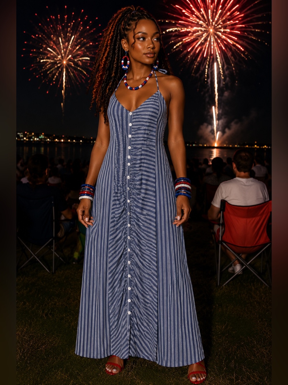 Red Carter Catch Me Later Blue White Striped Halter Maxi Dress Estimated  Small